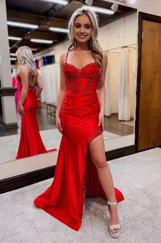 Lowest Price Red Sweetheart Satin Mermaid Long Prom Dresses with Beading