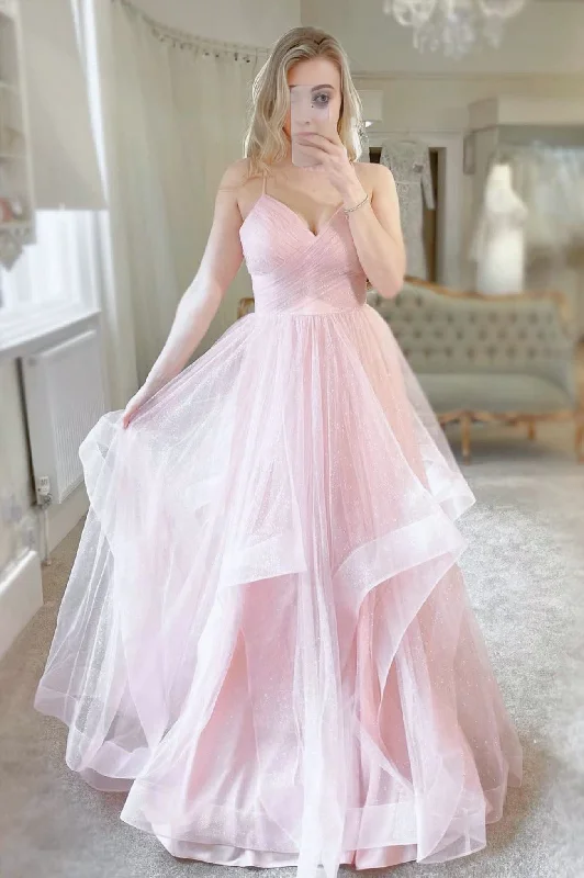 Hurry In Pink Tulle Long A-Line Prom Dress Pink V-Neck Graduation Dress