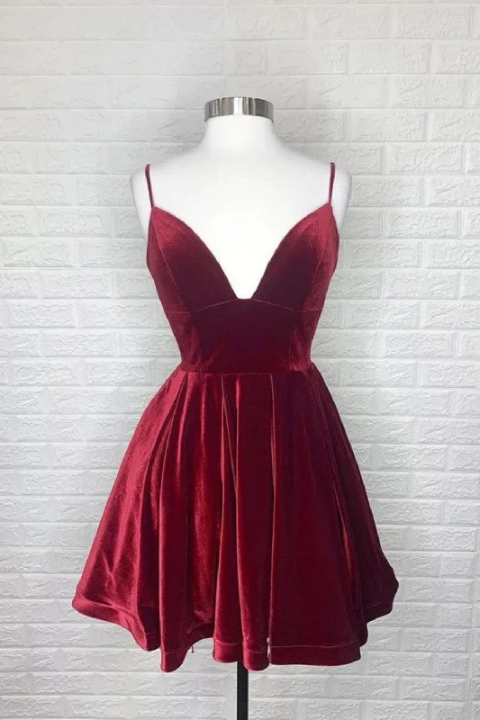 Don't Miss A-line Velvet Burgundy Spaghetti Straps Homecoming Dress