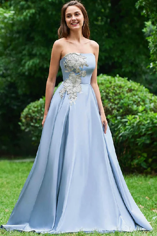 Value Deals Light Blue Strapless Long Prom Dresses with Appliques A Line Formal Dresses with Beads N1665