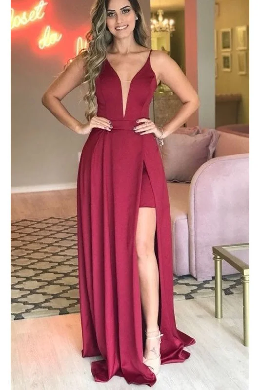 Buy More, Save More Sexy Sleeveless Split Prom Dresses Deep V Neck Ruched Long Evening Dresses N1621