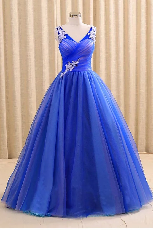 Mega Sale Royal Blue V-Neck Sleeveless Prom Dresses Floor Length Long Quinceanera Dresses N1567