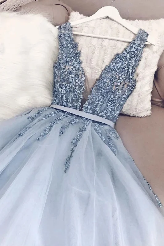Lowest Price Blue V-Neck Tulle Beading Long Prom Dresses Gorgeous Backless Long Evening Dresses N2041