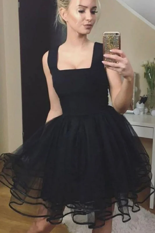 New Markdowns Black A-line Square Neck Homecoming Dress With Ruffle