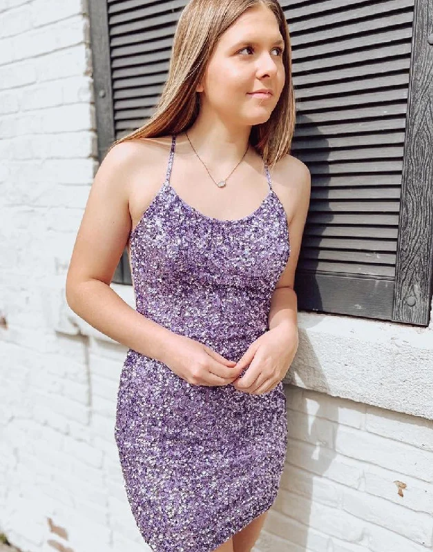 Weekend Flash Sale Purple Bodycon Criss-Cross Back Sequin Homecoming Dress