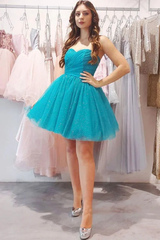 Deep Discounts Blue Glitter Tulle A-line Strapless Homecoming Dress