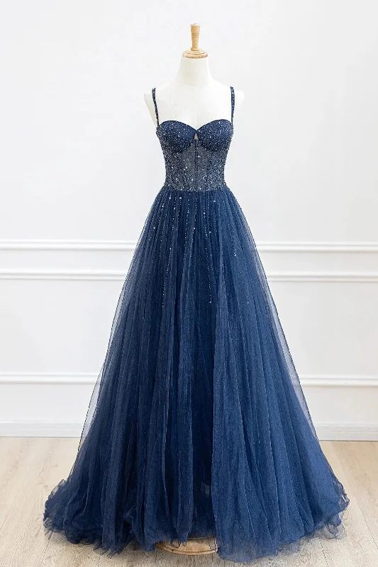Great Deals Blue Tulle Beaded Long Prom Dress Formal Dress