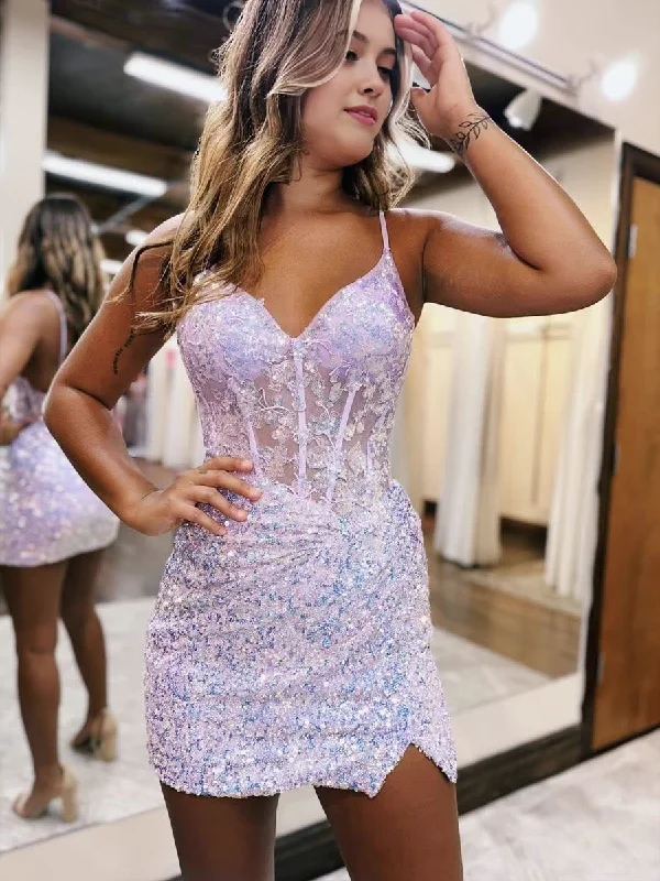 Value Deals Sparkle Appliques Sequin Bodycon Lilac Homecoming Lace-up Dress