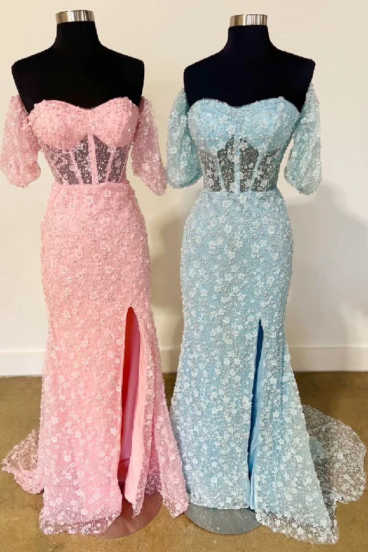 Flash Sale Pink 3D Floral Lace Sweetheart Mermaid Long Prom Dress with Slit