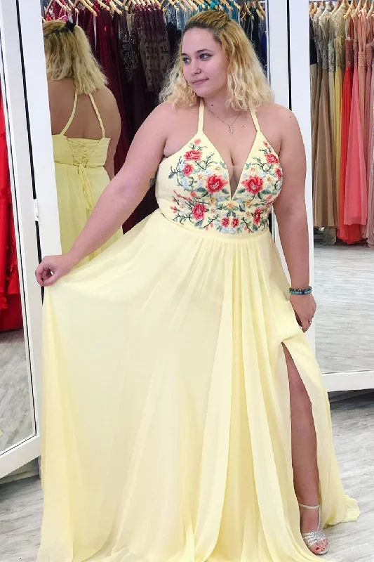 Lowest Prices Halter Yellow V-Neck Appliqued Plus Size Side Slit Prom Dresses