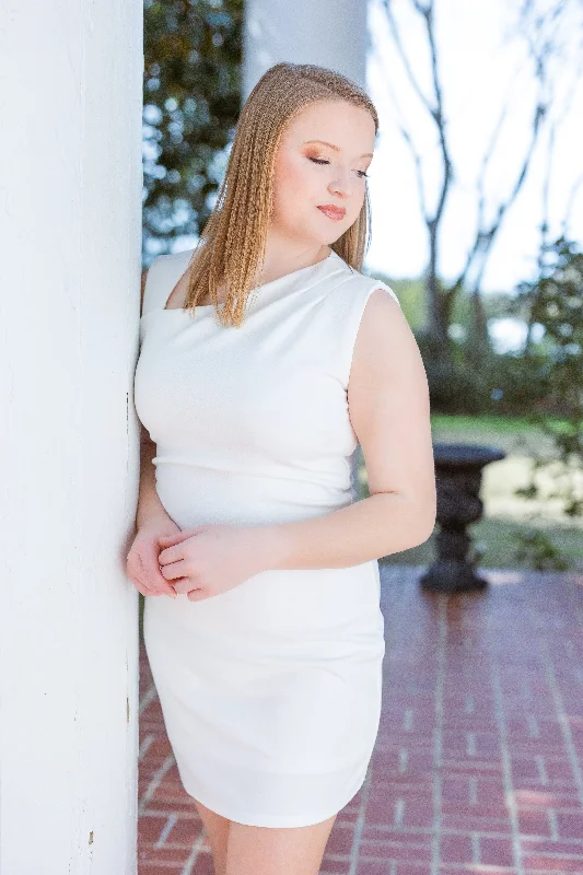 Crazy Deals Sleeveless Asymmetrical Neck Knit White Mini Bridal Dress by She + Sky