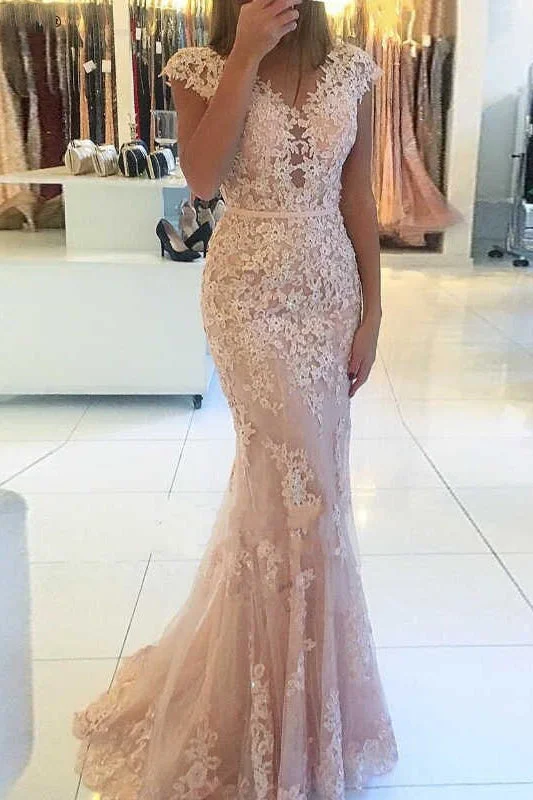 Hurry In Mermaid Cap Sleeves Tulle Prom Dresses with Lace Appliques Long V-Neck Evening Dresses N2024