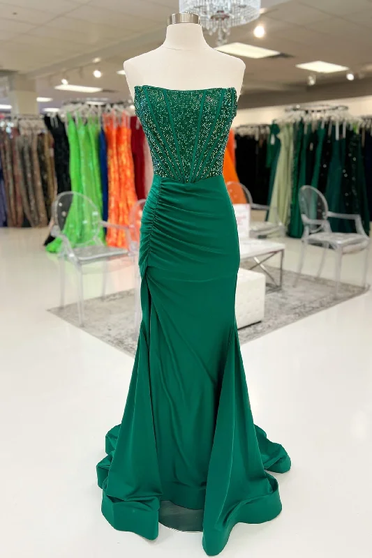 Extra Savings Hunter Green Mermaid Strapless Beaded Pleated Long Prom Dress