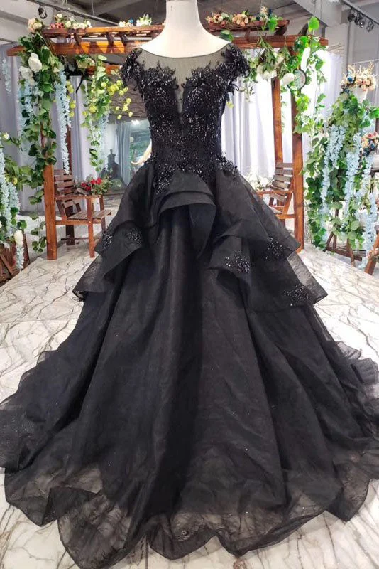 Special Buy Puffy Cap Sleeves Lace Appliques Beaded Long Black Prom Dresses