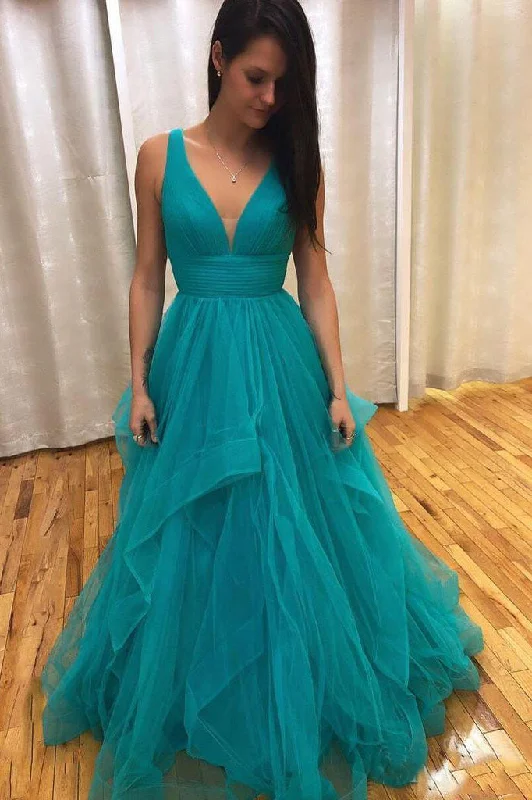 Final Clearance Teal Simple V Neck Long Prom Dresses with Straps and Ruffle Skirt Dance Dresses N1594