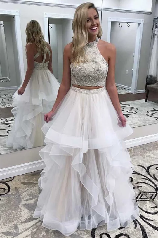 Hurry In Two Piece Halter Ruffles Floor Length Prom Dresses with Beading N1593