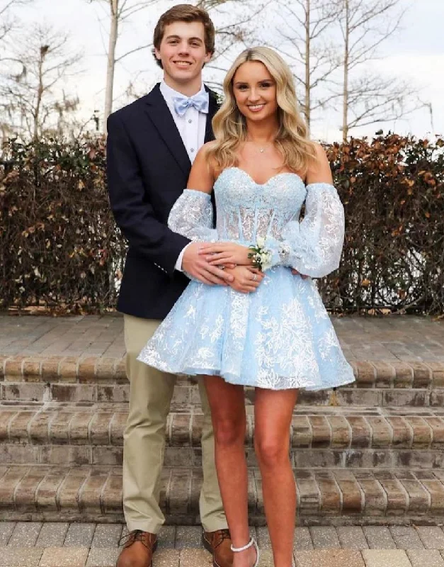 Closeout Light Blue A-Line Sweetheart Homecoming Dress With Detachable Sleeves