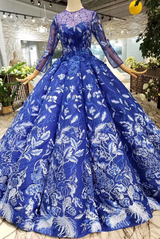 Take Advantage Blue Ball Gown Floral Prom Dresses with Long Sleeves Appliqued Long Quinceanera Dresses N1638