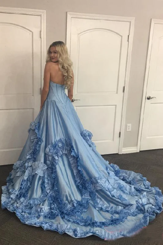 Amazing Deals Blue Sweetheart Swirling Ruffled Prom Dresses Sweep Train Special Party Dresses N1531