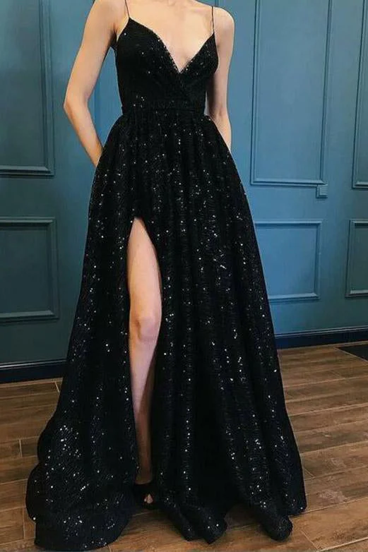 Price Drop Glitter Spaghetti Straps Sequined Long Black Prom Dresses With Split