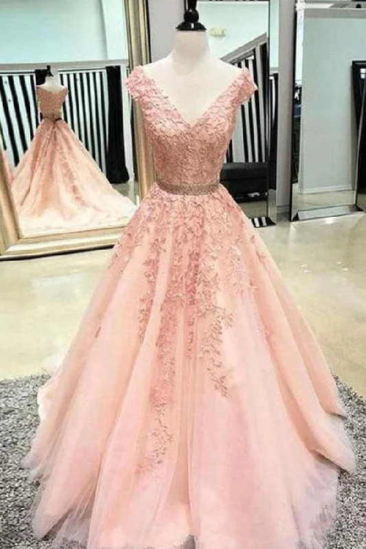 Markdowns A Line V-Neck Prom Dresses with Lace Appliques  Tulle Party Dresses with Beading N1591