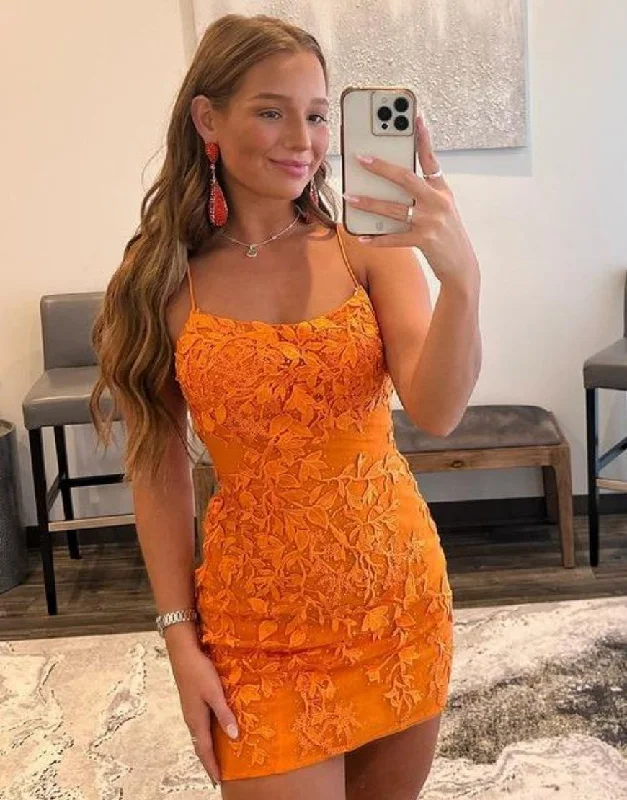 Final Markdown Orange Spaghetti Straps Bodycon Homecoming Dress With Appliques