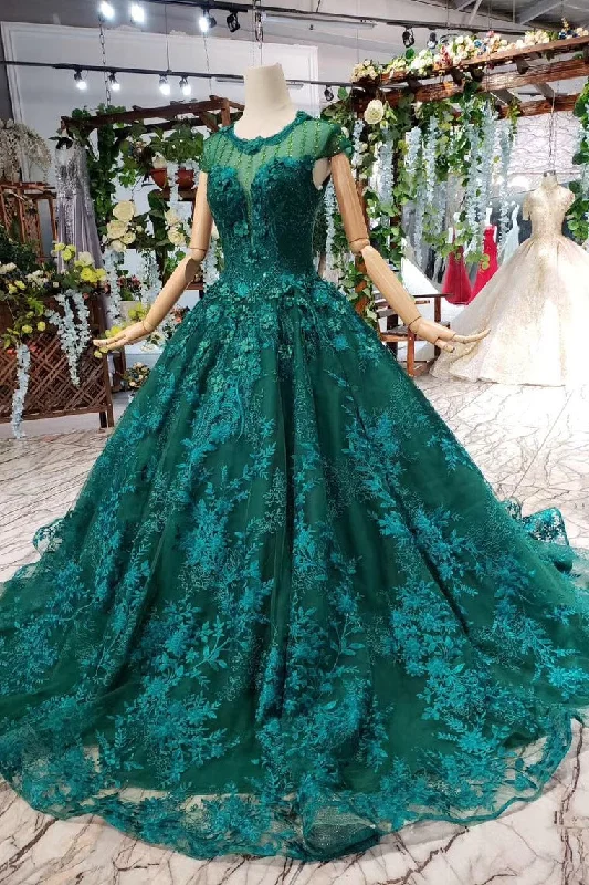 Discount Deals Dark Green Floral Appliques Ball Gown Quinceanera Prom Dresses With Beads