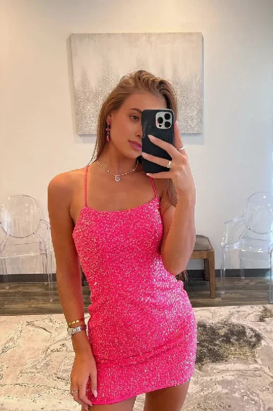 Don't Wait Sheath Scoop Sequins Pink Short Homecoming Dress Tight