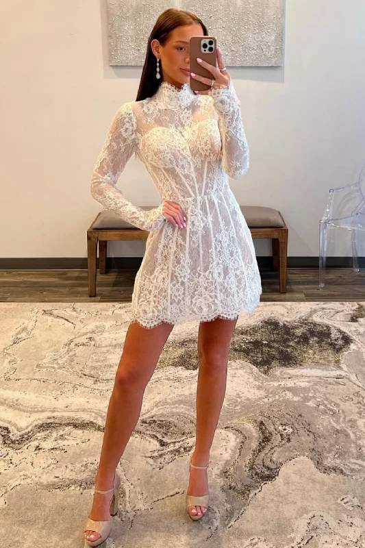 Price Reduction White A-Line High Neck Long Sleeves Short Lace Homecoming Dress