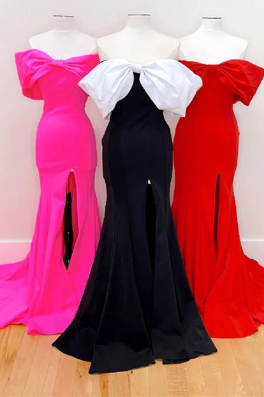Today’s Deal Red Off-the-Shoulder Bow Mermaid Prom Gown with Slit