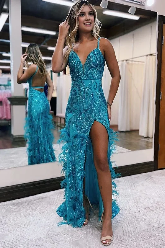 Don't Wait Sequin Lace V Neck Mermaid Prom Dresses with Slit