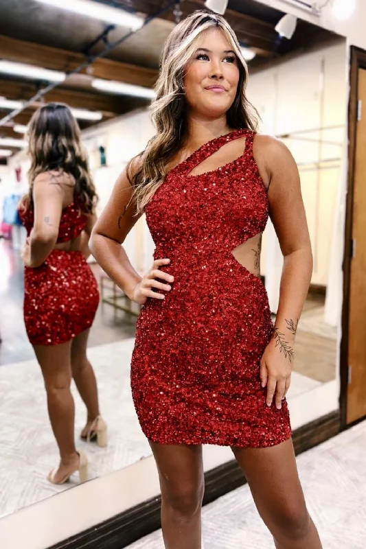 Amazing Deals Red Sequin One Shoulder Cutout Waist Short Tight Homecoming Dress