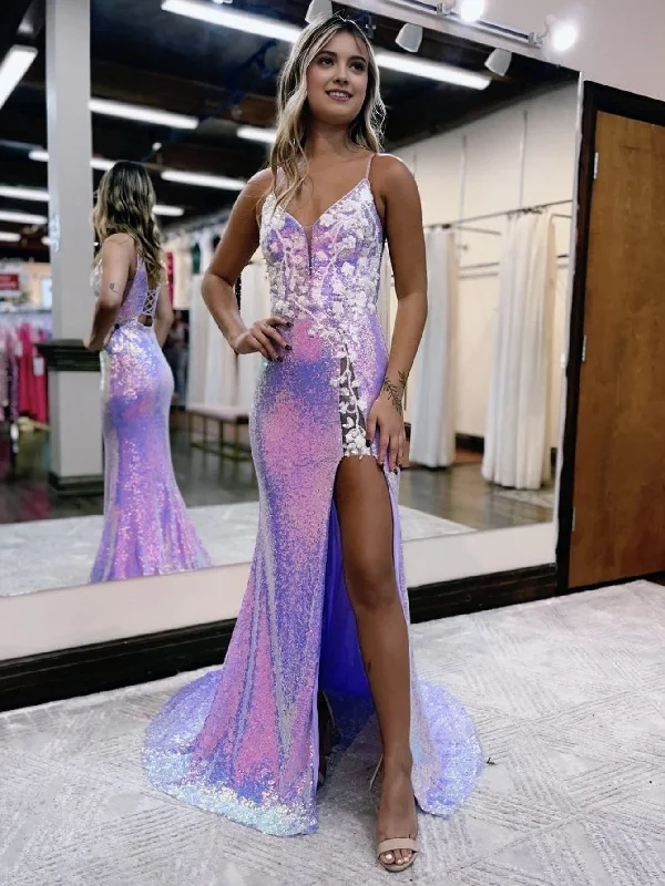 Buy Now Mermaid Glitter Lavender Floral Long Prom Dress with Slit