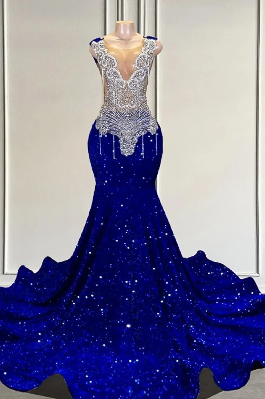 Deal of the Day Royal Blue sequin Silver Beaded Mermaid Long V-neck Prom Dresses