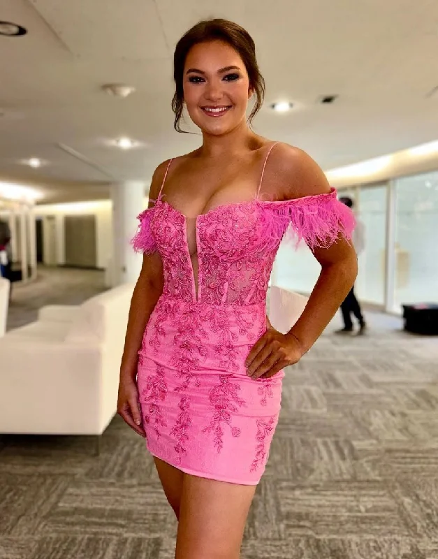 Online Only Hot Pink Off The Shoulder Tight Lace Homecoming Dress With Feather