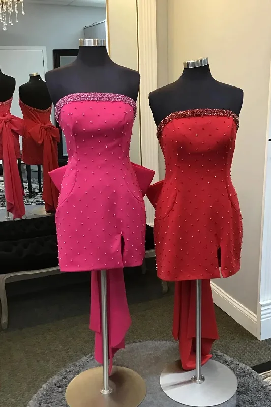 YEAR-End Sale Fuchsia Strapless Beaded Bodycon Short Homecoming Dress with Bow