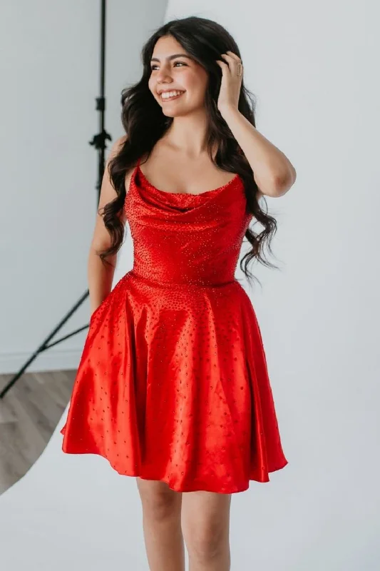 Act Fast Sparkly Red A-Line Spaghetti Straps Short Beaded Homecoming Dress