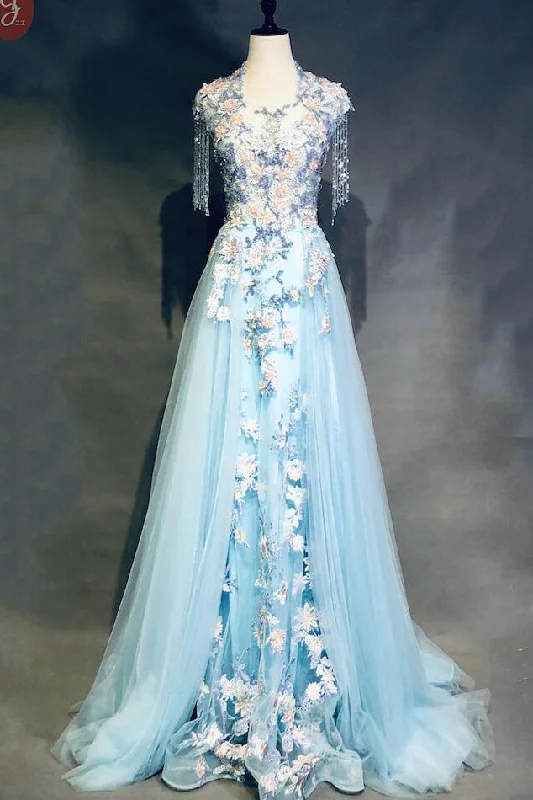 Price Drop Unique Light Blue Beading Cap Sleeves Beading Applique Prom Dresses N1955
