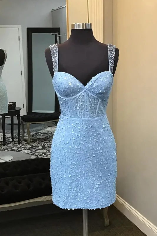 TIME-Limited Offer Sparkly Blue Spaghetti Straps Sequins Bodycon Short Corset Homecoming Dress