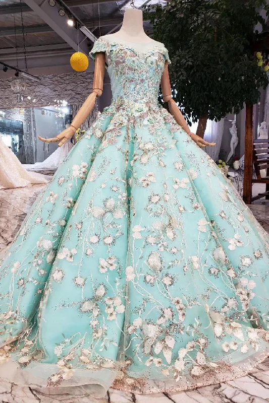Price Break Big Sheer Neck Puffy Prom Dress with Cap Sleeves Fairy Tale Lace Dress with Beading N1644