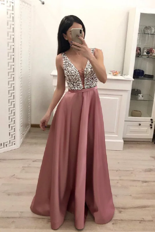Super Deal Sparkly A-Line V-Neck Satin Beading Backless Prom Dress N1524