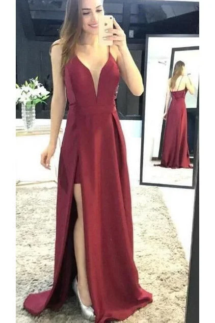 Special Offer Burgundy Sleeveless Prom Dresses Spaghetti Strap Split Satin Party Dresses N1724