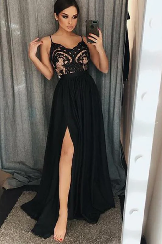 Act Now A-Line Spaghetti Straps Floor-Length Black Prom Dresses with Lace Split N1486