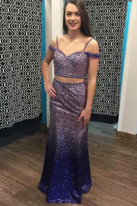 Super Bargain Spaghetti Straps Long Ombre Purple Sequined Prom Dresses Two Piece Formal Dresses N1695