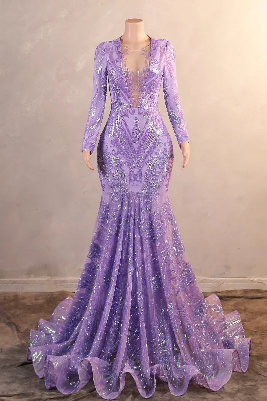 Low Prices V-Neck Mermaid Sweep Train Sequins Zipper Long Sleeve Evening Dress