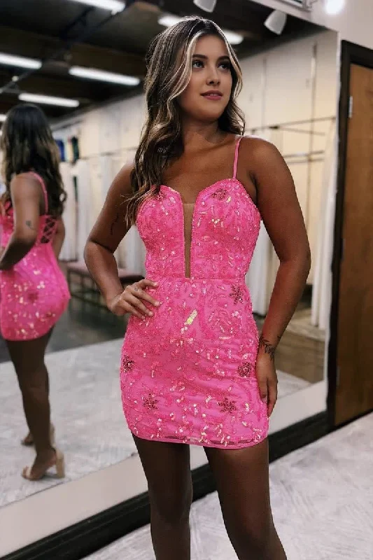 Deal Explosion Sexy Deep V neck Sheath/Column Pink Short Homecoming Dress