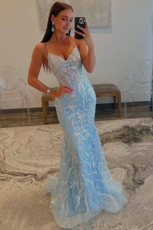 Early Bird Discount Straps Light Blue V-Neck Sequin Appliques Mermaid Prom Dress