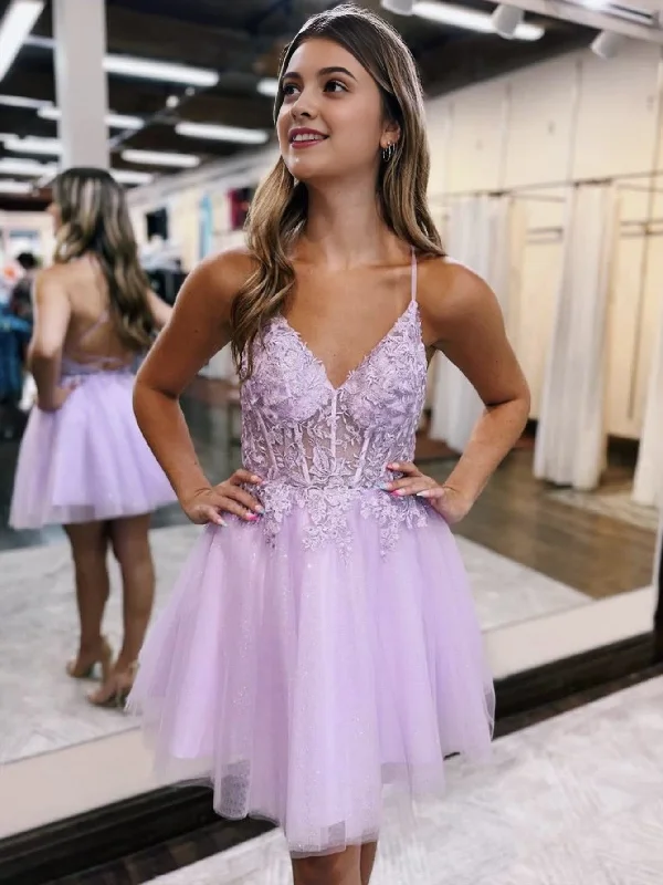 Deal of the Day A-Line Backless Tulle Appliqued Homecoming Dress