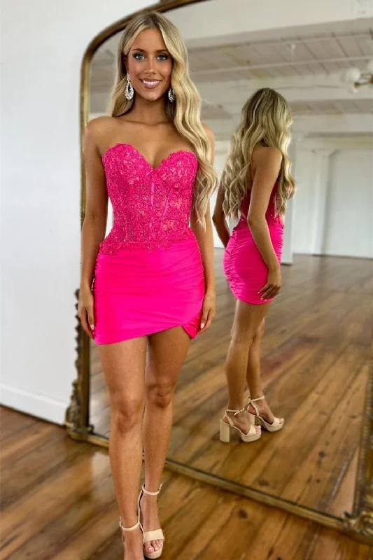 Seasonal Clearance Hot Pink Mermaid Sweetheart Lace Top Short Homecoming Dress