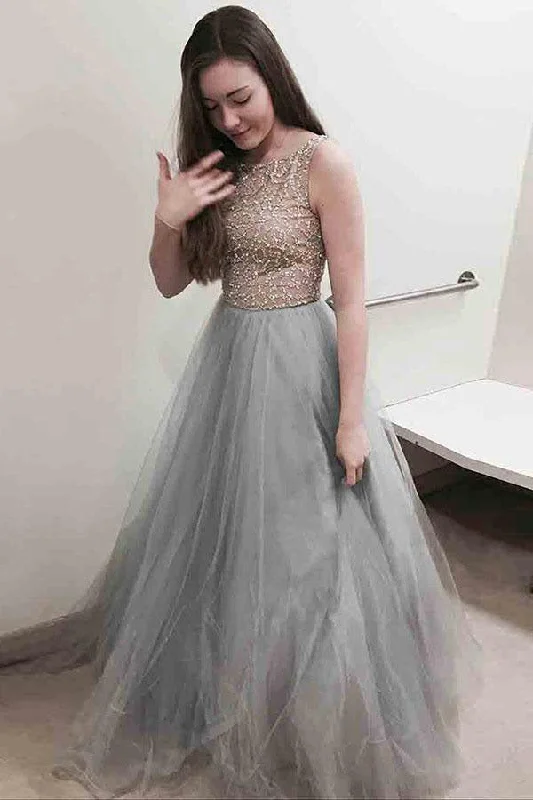 Amazing Deals Gray Long Tulle Prom Dresses with Beading A Line Sleeveless Grey Formal Dresses N1582